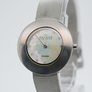 Skagen Denmark 569STT Titanium Watch Mother of Pearl Dial Crystal Markers